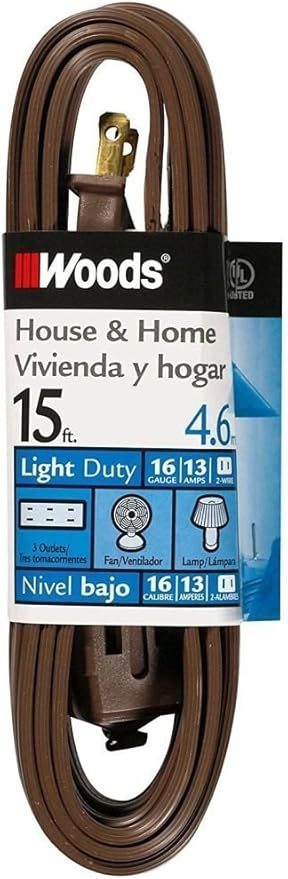 Woods Light Duty Indoor Extension Cord - Durable Vinyl Jacket with Safety Covers for Protected Power - 3 Outlet Cube Tap - 16 Gauge, SPT-2 - Brown - 15 Feet