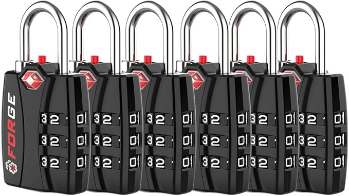 Forge Luggage Locks TSA Approved 6 Pack Black, Small Combination Lock with Zinc Alloy Body, Open Alert, Easy Read Dials, for Travel Suitcase, Bag, Backpack, Lockers.