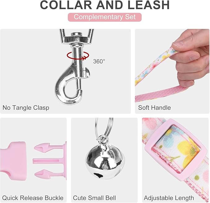 EXPAWLORER Small Dog Harness and Leash Set - Cute Puppy Harness Leash Dog Collar with AirTag Holder Silicone Case, Soft Padded Step in Pet Vest Reflective for Outdoor Walking, Floral XXS