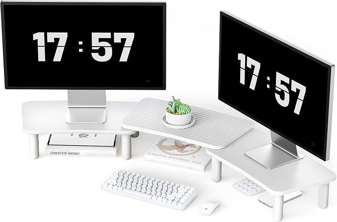 Dual Monitor Stand For Desk,Adjustable Height Long Wood Computer Riser | For Computer,Notebooks,Laptop,Printer,TV,Decoration for Office & Home ,White