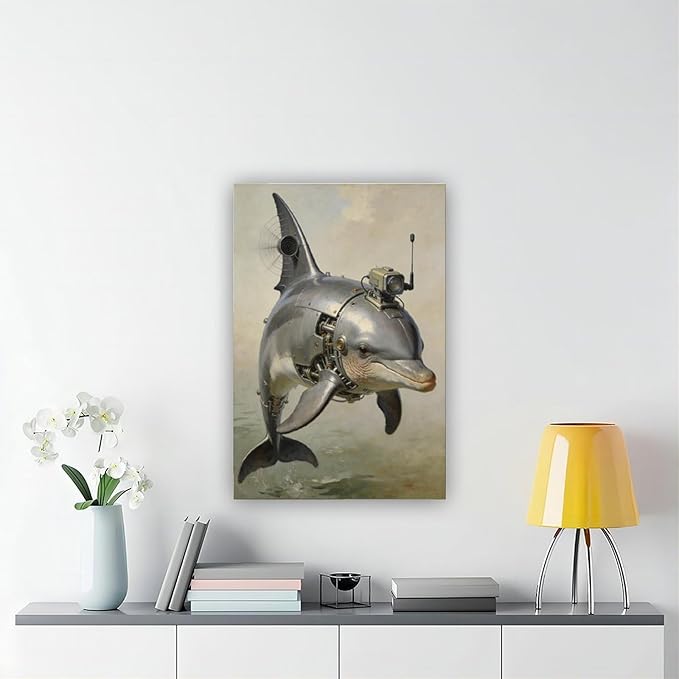 Framed Steampunk Mechanical Dolphin Wall Art - Marine Retro-Futuristic Poster for Beach House Living Room Decor 08x12inch(20x30cm)