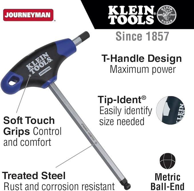 Klein Tools JTH68MB Hex Kit Set, Metric Ball End T-Handle Hex Key Allen Wrench Set with 6-Inch Blades, Stand Included, 8-Piece