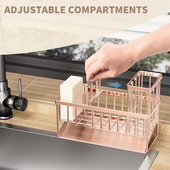 Cisily Sink Caddy Organzier with High Brush Holder, Sponge Holder for Sink, 304 Rustproof Stainless, Kitchen Countertop Soap Dispenser Organizer, Rose Gold Kitchen Decor and Accessories