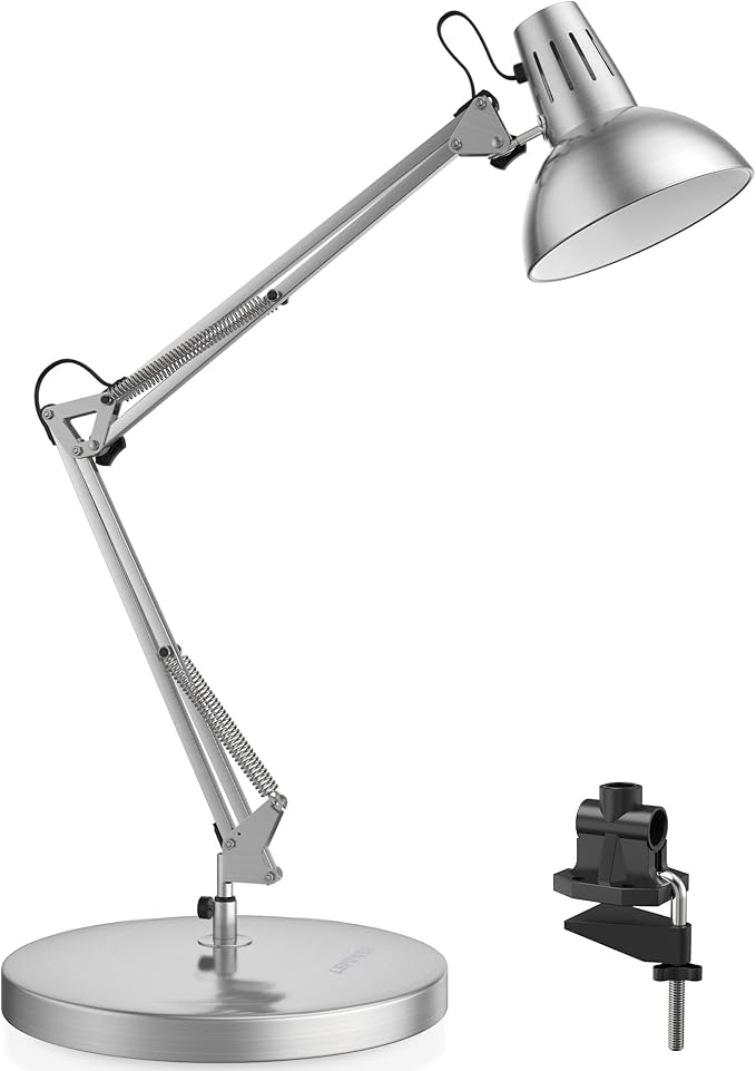 LEPOWER Metal Adjustable Desk Lamp with Clamp, Swing Arm for Home Office | Gooseneck, Architect Style, Eye-Caring Table Lamp, On/Off Switch, E26 Base, Reading for Dorm, Bedroom, Study, Back to School