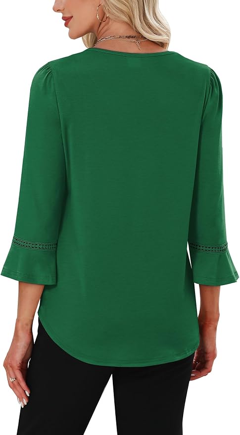 WIHOLL Womens Blouses Dressy Casual 3/4 Length Sleeve Tops Lace Trendy 2026 Spring Summer V Neck Shirts Vacation Outfits