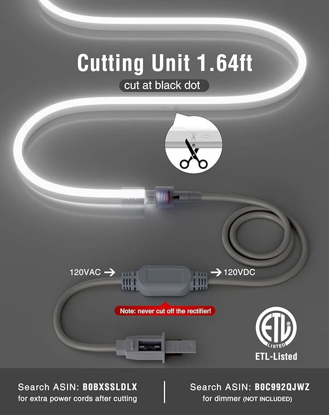 Shine Decor LED Neon Rope Lights AC 120V, Expandable & Cuttable 120LEDs/M Bright Strip Lighting, ETL Cold-Resistant & IP65 Waterproof for Indoor Outdoor, 8x16mm, 6300K Cool White, 65.6ft