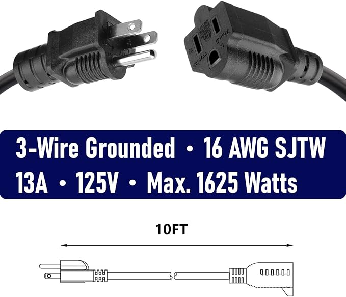 16 SJTW AWG Heavy Duty Power Cord 3 Prong Extension Cord, NEMA 5-15P to NEMA 5-15R, Power Cable for Indoor and Outdoor Use, Black Color, ETL Listed (2 Packs 10FT Black)