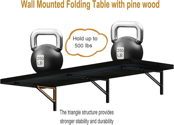 IAE Floating Wall Mounted Folding Table Desk with Pine Wood,55" x 22" Foldable Workbench,Fold Down Wall Mounted Foldable Desk with Shelf Brackets,Laundry Folding Table for Home,Dining,Kitchen,Black
