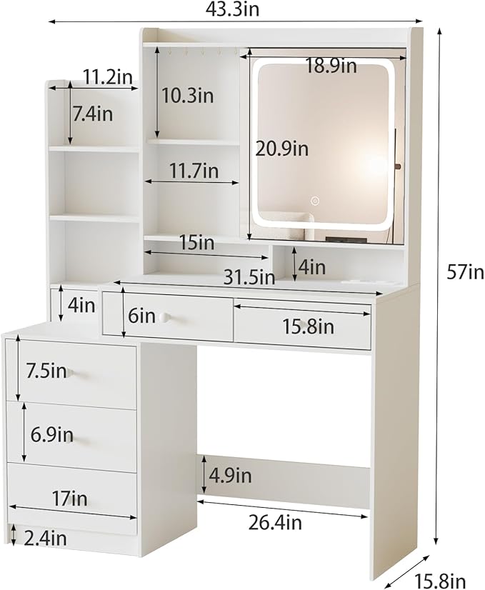 White Vanity Desk Set with Led Mirror,Makeup Vanity Table with Power Strip,Dressing Table with Stool & Lots Drawers,3 Lighting Color Mirror,Brightness Adjustable