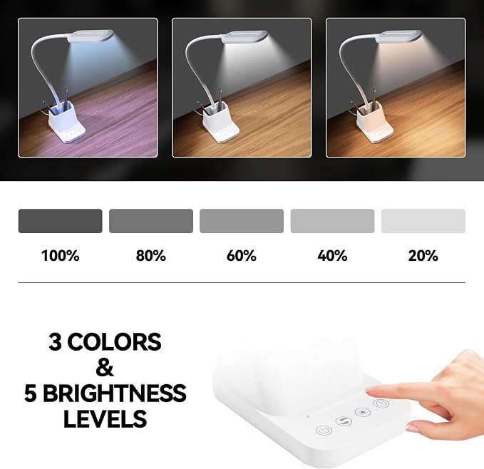 AXX White LED Desk Lamp with USB Charging Port, Study Table Light | for College Dorm Room, Home Office Bedroom Essentials, 650LM, Flexible Gooseneck, Phone Mount, Pen Holder, Timer Settings