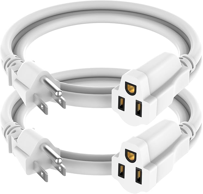 2 Pack Power Extension Cord 3FT/36Inch, Short 3 Prong Electric Extension Cable Outlet Saver, Single Outlet, Heavy Duty, Waterproof, Flexible, 16 AWG, 13A 125V, Outdoor & Indoor Extender Wires(White)