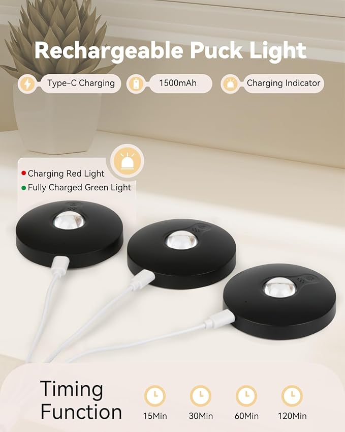 Rechargeable RGB Puck Lights with Remote Control, 1500mAh Battery Operated Push Lights, Dimmable & Timer Under Cabinet Lighting for Closet, Bedroom, Kitchen Black 6Pcs