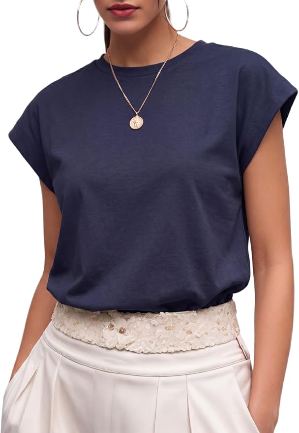 GRECERELLE Womens Summer Tops Cap Sleeve Crew Neck Basic T-Shirt | Everyday Casual Wear, Layering Friendly, Wrinkle-Resistant, Business Casual Ready, Lightweight & Packable, Capsule Wardrobe
