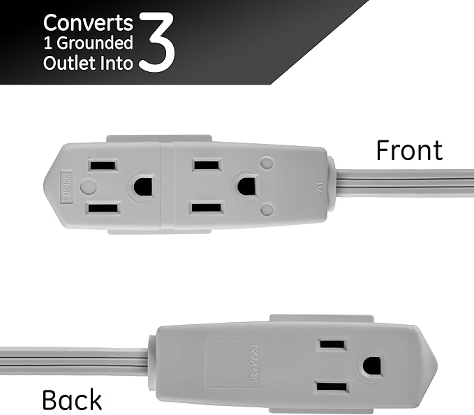 GE 3-Outlet Flat Extension Cord 15 Ft Grounded Extension Cord with Multiple Outlets 3 Prong Outlet Extender Flat Plug Power Strip Indoor 16 Gauge UL Listed Gray 43026