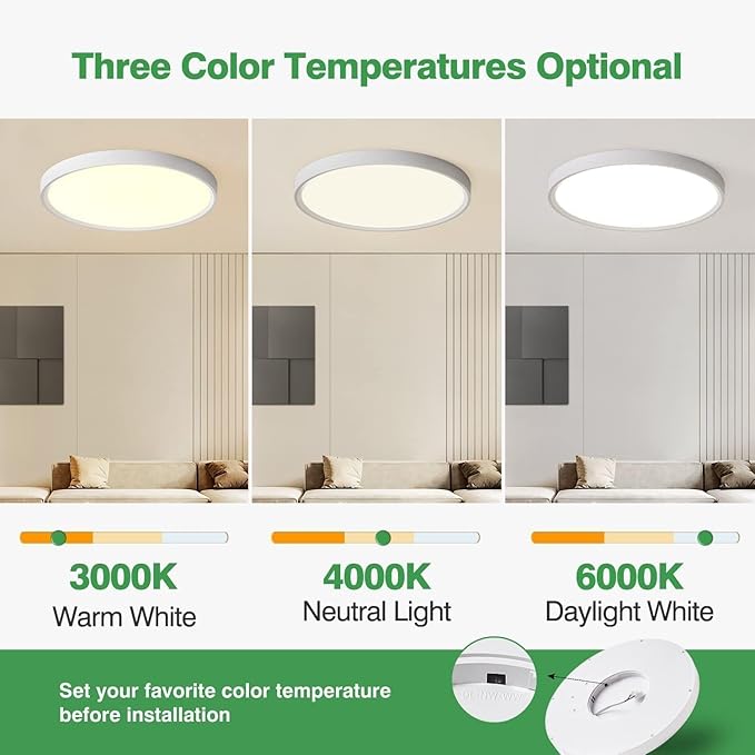 24 Inch Large LED Flush Mount Ceiling Light, 50W,5480LM, 3000K/4000K/6000K CCT Selectable,White Round Flat Panel Low Profile Ceiling Light Fixtures for Hallway, Kitchen, Bedroom, Laundry Room