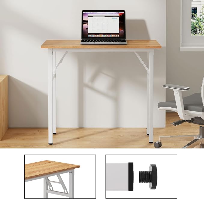 Need Small Computer Desk 31.5 in Folding Home Office Table Teak | White Frame Writing Gaming Work Table/Sturdy Foldable Study Table for Small Space/Dormitory, No Assembly Required