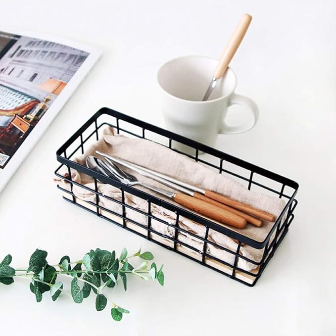 TIEYIPIN Small Metal Wire Storage Basket, Detachable Wood Base Storage Organizer Bin Basket for Kitchen Cabinets, Bathroom, Pantry, Garage, Laundry Room - Brown (2 Pack)