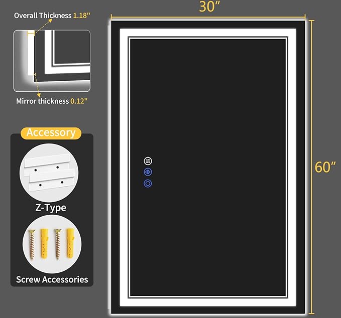 30"x60" LED Bathroom Mirror with Lights, Anti-Fog, Backlit + Front Lit, Dimmable, Led Vanity Mirror for Wall, Lighted Bathroom Mirror, 3 Colors, Shatter-Proof Tempered Glass
