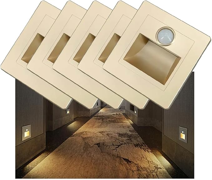 Motion Sensor Stair Lights 3W 3000K Recessed LED Step Light Indoor Stair Step Wall Lamp Staircase Bedroom Decoration 5Pcs Gold
