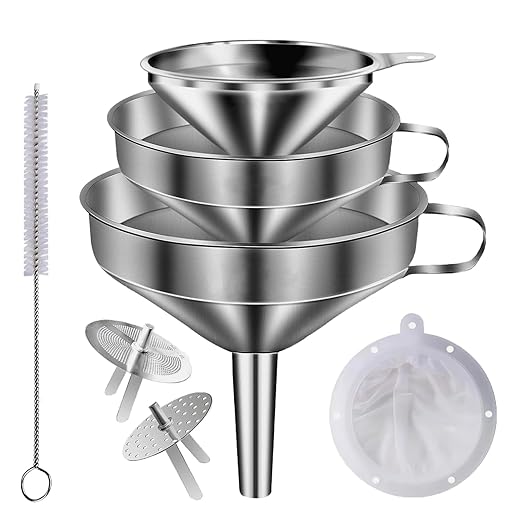 Stainless Steel Funnels for Kitchen use,3PCS Large Kitchen Metal Funnel with 2 Removable Strainer,Cleaning Brush,200 Mesh Food Filter,Funnel for Filling Bottles,for Transferring of Liquid,Oils,Jam