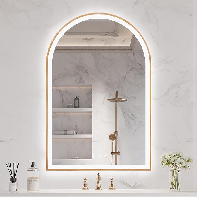 Arched LED Mirror for Bathroom 24"x36", Orange Gold LED Bathroom Mirror with Lights, Fogless, Dimmable, Shatterproof, Touch Sensor, 3 Color Changing
