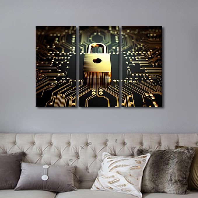 Wall Art for Living Room 3 Panel Golden Padlock on Circuit Board Created with AI Pictures Print on Canvas for Home Office Wall Decorations, Data Security Concept Artwork Ready to Hang, 42"Wx28"