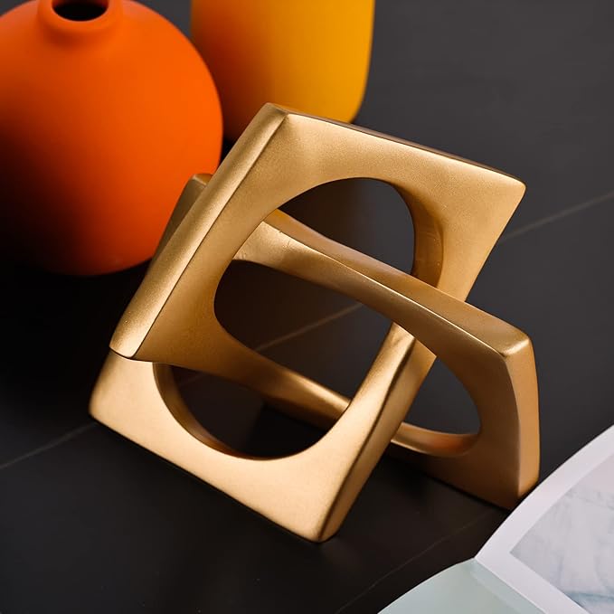 XMGZQ Gold Knot Statue for Coffee Table Centerpiece Decor,Modern Abstract Art Geometric Sculpture and Figurines, Home Decor Accent,Cube Knick Knacks for Shelves,Bookshelf,Entryway,Floating