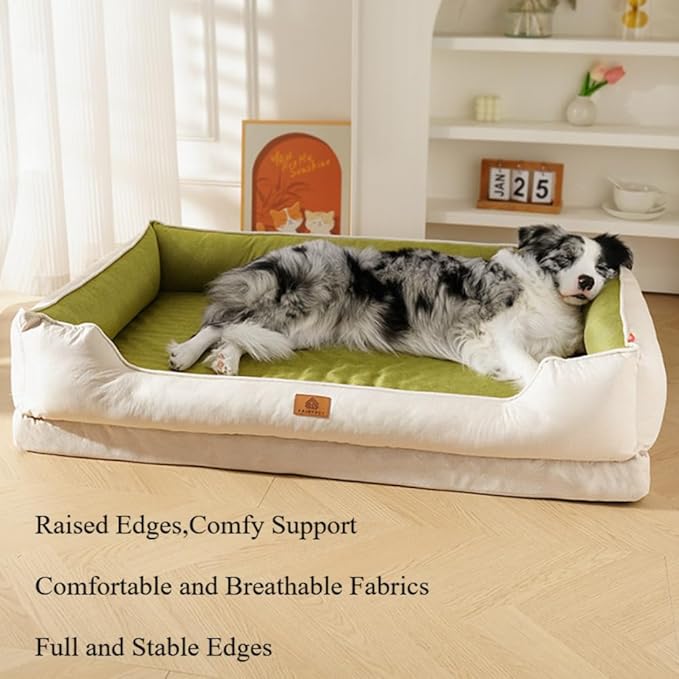 Large Dog Bed with Removable Washable Cover & Bolsters - Waterproof, Non-Slip Pet Sofa for Big Dogs(Green,34 * 23 * 9in)