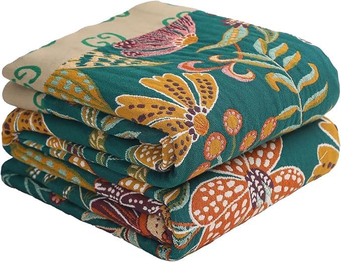 Boho Throw Blankets Reversible Luxurious Cotton Bed Throws with Vintage Bohemian Design & Yellow/Green Lightwight Floral Decor Blanket, Perfect as Bed Sofa Quilt 80" x 90"