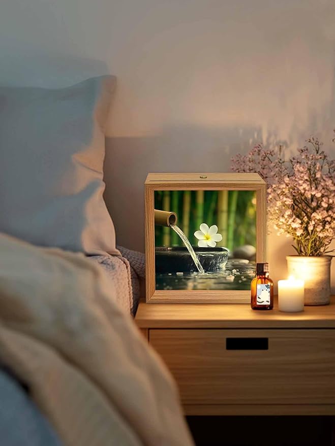 Wood Night Light Box 6.5x6.5in,Zen Meditation Plumeria Flower Table Lights Wooden Picture Frame with USB Rechargeable Touch LED Lights for Home Decor Desktop Display,Flowing Water Forest