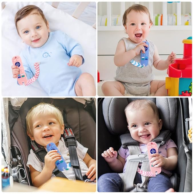 Baby Teether Toys, 2PCS Silicone Teething Toys, Remote Control Shape Teething Toys with 2PCS Pacifier Clip, Teething Relief Toys for Baby 3-24 Months, BPA-Free Baby Chew Toys(Bule&Pink)