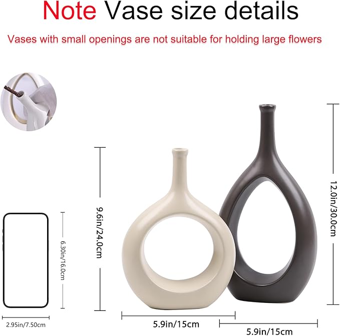 Brown White Vase Ceramic Off White Vases Home Decor,Modern Minimalist Circle with Hole Decorative Vase, Hollow Ellipse Flower vases for Bookshelf, Fireplace Mantle, Centerpieces,Farmhouse,Rustic Décor