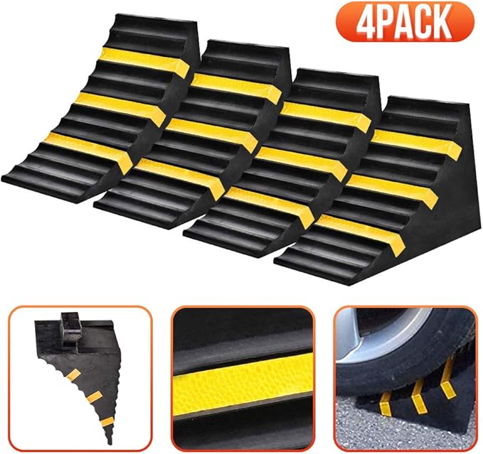 Heavy Duty Rubber Wheel Tire Chock 10" L x 6" W x 7.3" H, Front and Back for Camper, Trailer, RV, Truck, Car, Vehicle and RV (4-Pack)