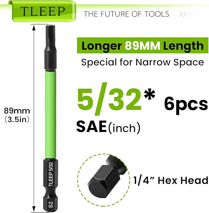 3.5" Long 1/4" Hex Head Allen Wrench Drill Bit Set, SAE 5/32" Impact Driver Bit Set with Magnetic Tips, S2 Steel, Hex Keys with Storage Case