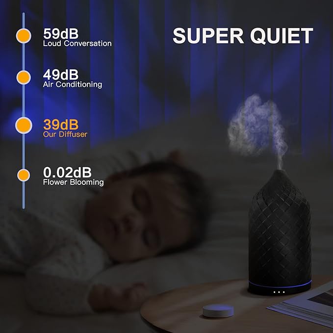 Essential Oil Diffuser for Home, Ceramic Aromatherapy Diffuser for Essential Oils, 120ml Oil Diffuser with Waterless Auto-Off and 7 LED Lights for Large Room Yoga Spa (Black)
