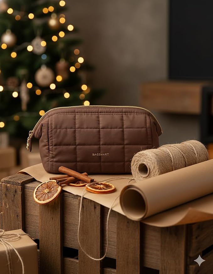BAGSMART Makeup Bag Travel Toiletry Bag, Wide-open Zipper Pouch, Chocolate | Puffy Padded, Travel Essentials, Make Up Bag, For Women, Makeup Organizer, Toiletries Accessories Brushes