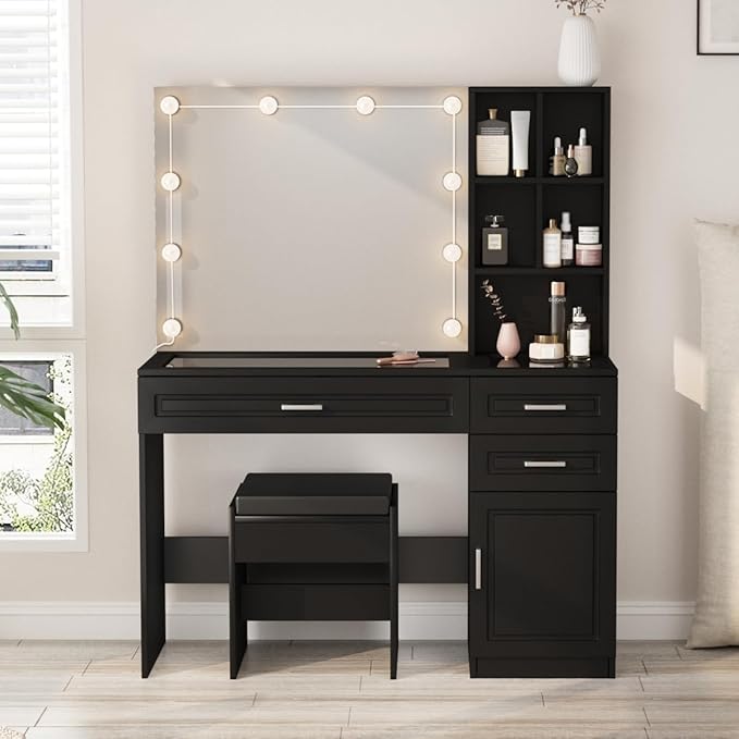 Fameill Makeup Vanity Desk with Lights,Glass Top Vanity Table with Lighted Mirror,Large Makeup Desk with 3 Drawers and Cabinets,3 Color Lighting Modes with Adjustable Brightness,Black