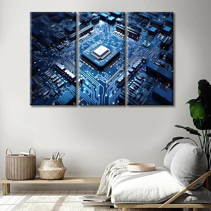 3 Pieces Circuit Board Pictures Pictures for Living Room Technology Blue AI Wall Art Prints on Canvas Chip Painting Modern Artwork Wall Decor for Bedroom Office Bathroom Decor Ready to Hang, (42"Wx28"H)