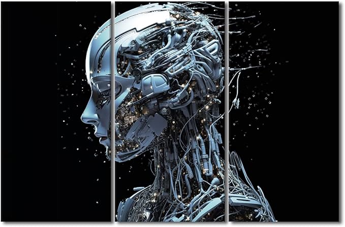 Modern Wall Art 3 Panel Concept Wall Art Female Robot Face Pictures Print On Canvas Wall Decor for Living Room, Wooden Framed Gallery-Wrapped Ready to Hang, 42" Wx28 H