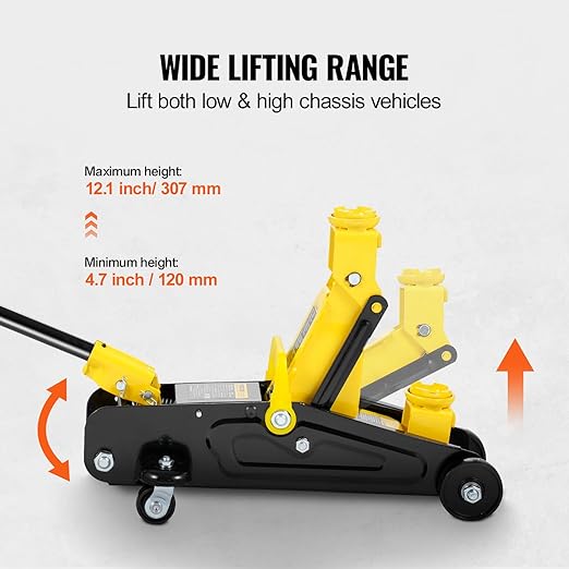 VEVOR Low Profile Floor Jack 1.5 Ton (3300 lbs), Heavy Duty Iron Hydraulic Racing Floor Jack, Hydraulic Car Jack, Single Piston Quick Lift Pump, 4.7"-12.1" Height Lifting Range (Yellow)
