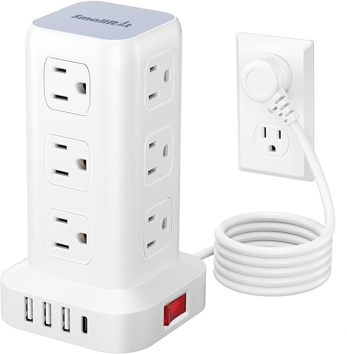 Tower Surge Protector Power Strip with 12 Outlets 4 USB (1 USB C), 6.5Feet Extension Cord with Multiple Outlets, Charging Station, Power Strip Tower, Office Desk Supplies
