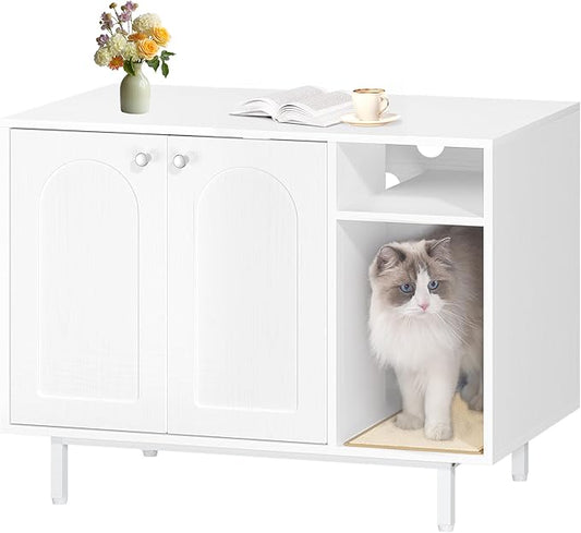 Cat Litter Box Enclosure Enclosed, Hidden Litter Box Cabinet Furniture with Storage, Wooden Indoor Cat House Large, Modern End Table for Living Room Entryway, White CB01513W