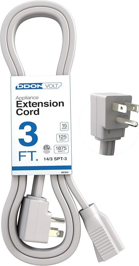 Appliance Extension Cord - 3ft Heavy Duty Gray Extension Wire for Air Conditioner, Refrigerator, & All Major Appliances - 14 Gauge High Voltage 3 Prong Flat-End Appliance Cord, for Indoor use