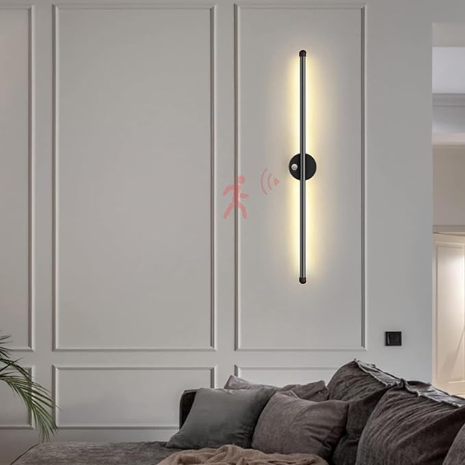 LED Long Strip Wall Lights with Motion Sensor Lamp 3000K/4000K/6000K Lighting Modern Simple Aluminum Mounted Indoor Bedside Decoration Light Living Room(Black Warm Light,80cm)