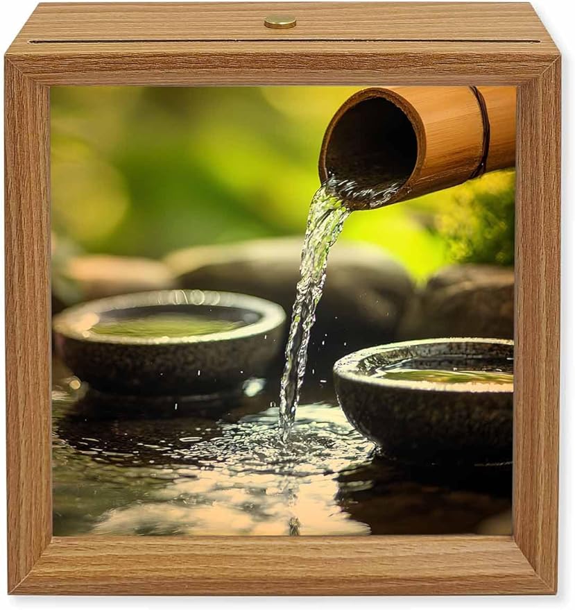 Wood Night Light Box 6.5x6.5in,Zen Meditation Lake Water Table Lights Wooden Picture Frame with USB Rechargeable Touch LED Lights for Home Decor Desktop Display,Natural Landscape