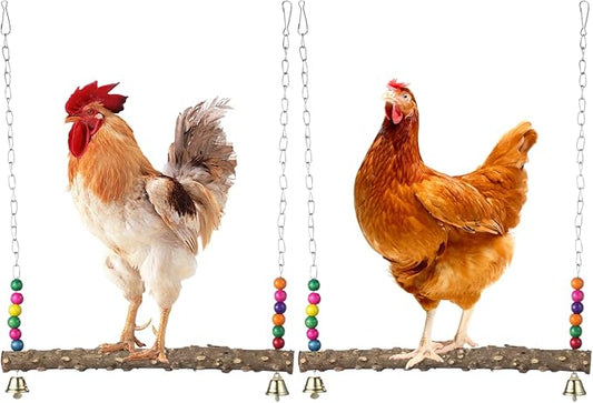 2PCS Chicken Bird Swings - Natural Wooden Swing Toys with Wooden Stands for Chickens, Hens & Parrots