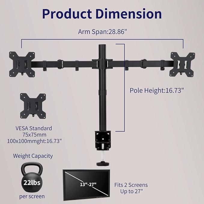 Black Dual Monitor Arm Mount for 13-27 Inch Screens | Ultrawide Screens Up to 34 inch Fully Adjustable Stand with C-Clamp/Grommet Base Max VESA 100x100 Each Screen Capacity 22lbs