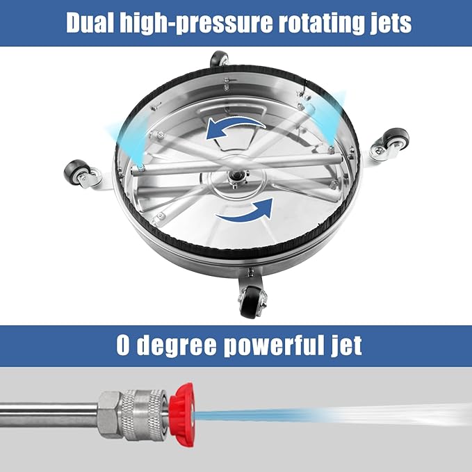 JANZ 18" Pressure Washer Surface Cleaner with 4 Wheels,1/4" Quick Plug,Stainless Steel Housing,2 Extension Wand Attachments, 3 Spray Nozzles and 2 Replacement Nozzles, 4000 PSI