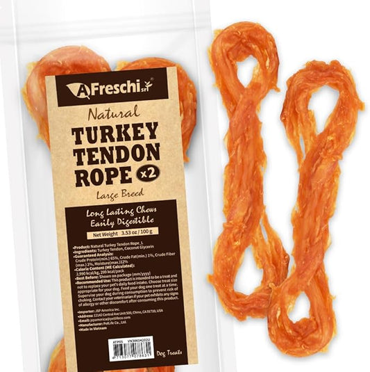 A Freschi srl Turkey Tendons for Dogs, USA-Sourced, Healthy Dog Treats, Rawhide-Free Puppy Chews, Long Lasting, All Natural, Hypoallergenic Dog Treats for Large Breeds, 2 Count Pack Rope (L)
