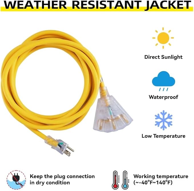 6 Ft Lighted Outdoor Extension Cord with 3 Electrical Power Outlets - 12/3 SJTW Heavy Duty Yellow Extension Cable with 3 Prong Grounded Plug for Safety, UL Listed